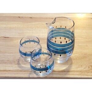 Vtg Libbey San Juan Cocktails for 2 Glasses & Pitcher Teal Stripes Gold Diamonds